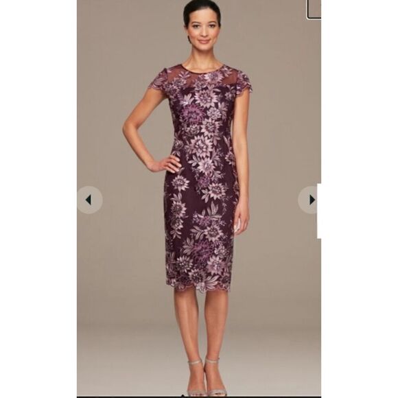 Alex Evening Embroidered sequenced plum cap sleeve sheath dress 12P - Picture 1 of 13